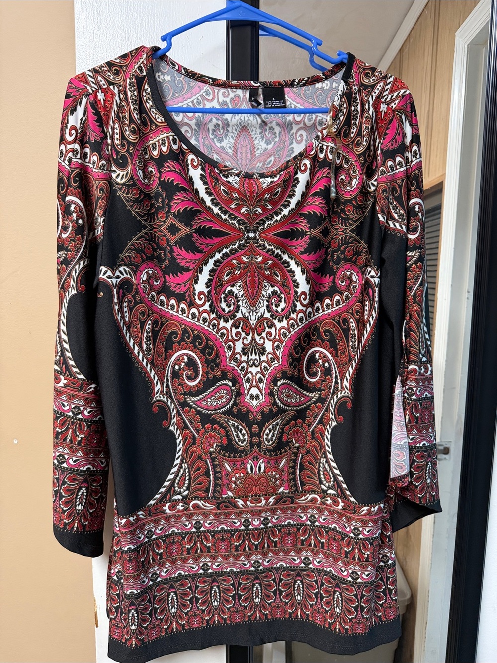 new directions Black Top with Pink & Red Paisley Motif